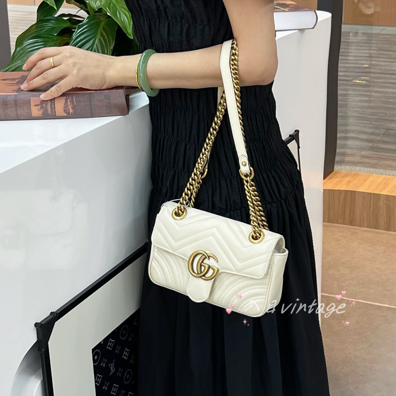 95新 GUCCI/古驰 珍甄 马蒙白金22单肩包 49875