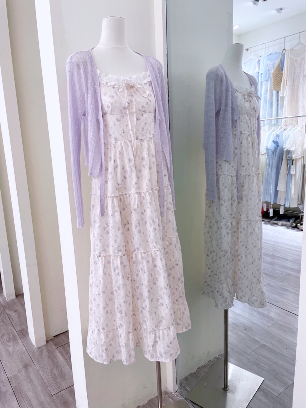 吊带款连衣裙女装显瘦气质碎花吊带长裙蓝色法式长款2件套