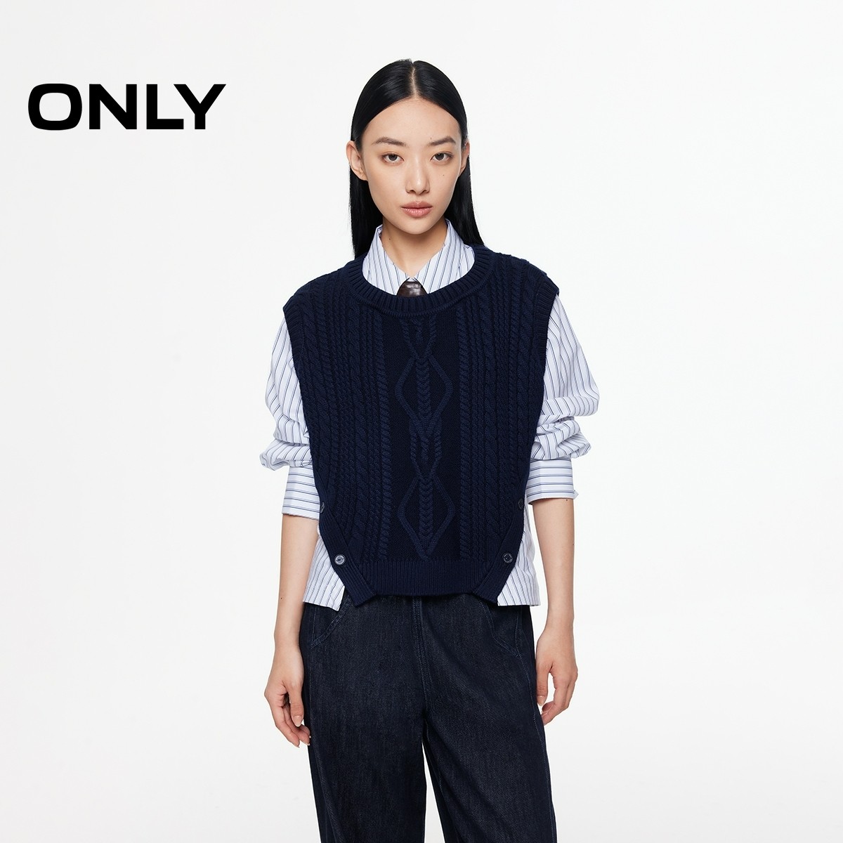 ONLY秋冬休闲百搭宽松”假两件“针织条纹蕾丝衫女老钱风|125451002