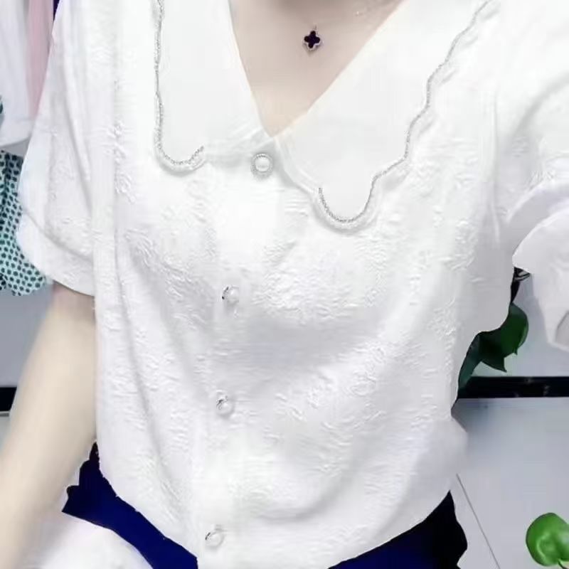 新款高档娃娃清新钉珠短袖小众法式上衣提花立体洋气减龄衬衫瘦小