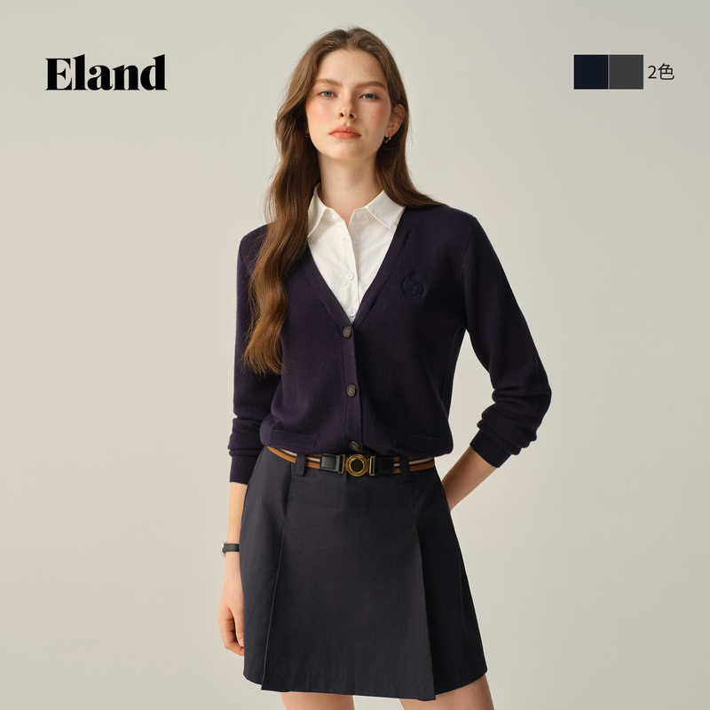 Eland衣恋毛针织衫女可拆卸衬衫领假两件开衫翻领上衣EECKF49M07