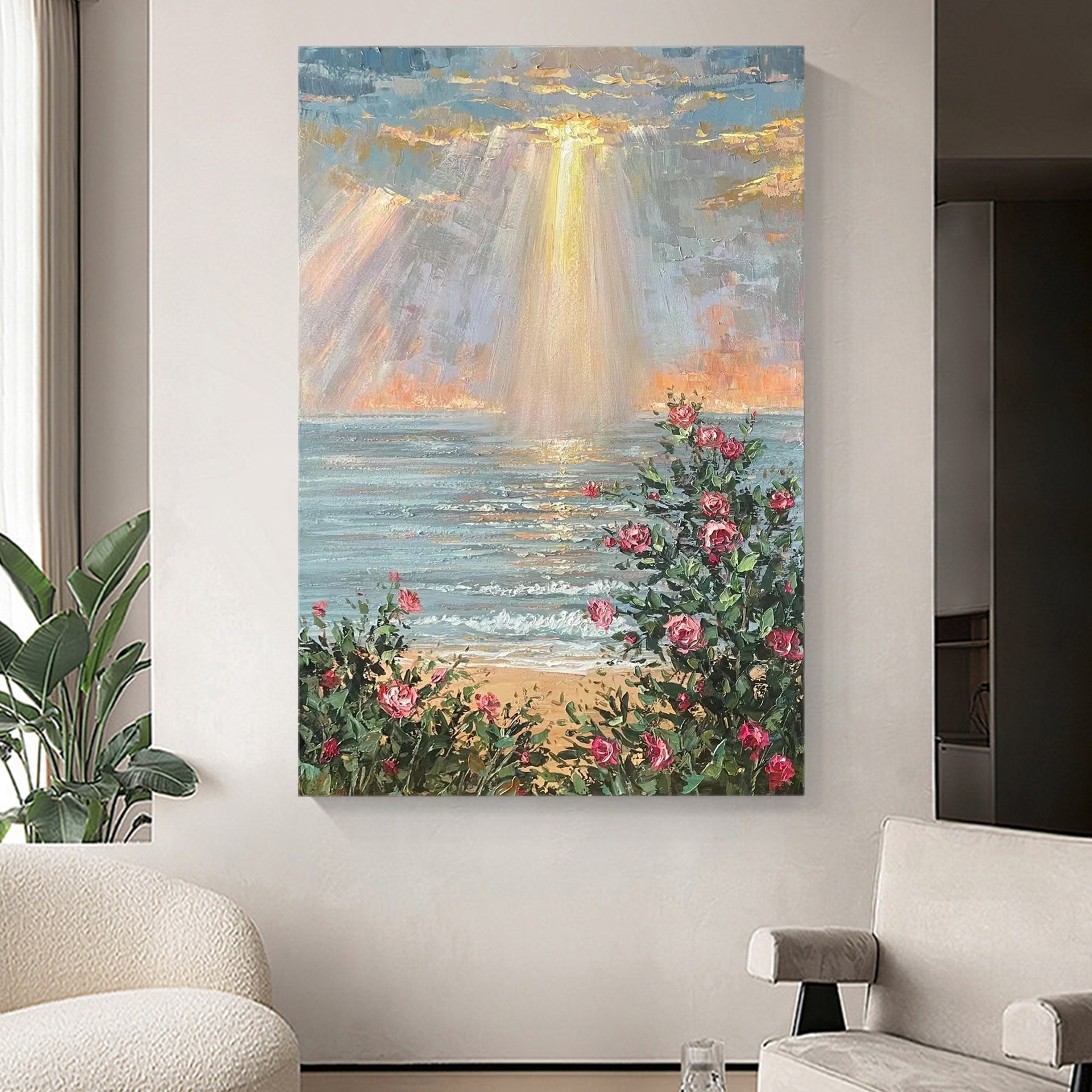 手绘油画风景玄关装饰画现代简约客厅肌理画海上日出走廊竖版挂画