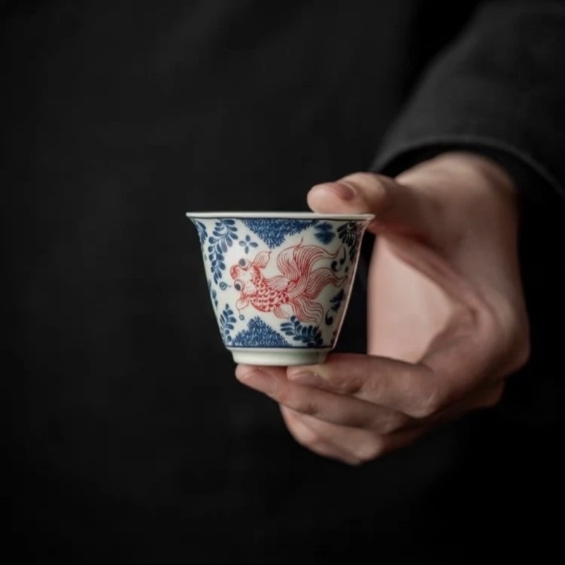 （旗舰号）复古青花釉里红鱼藻纹客杯个人杯品茗杯单杯（安全包装）