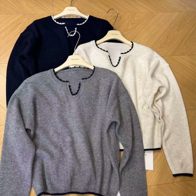 静奢风长袖针织女套头款毛针织衫春季V领常规款短款