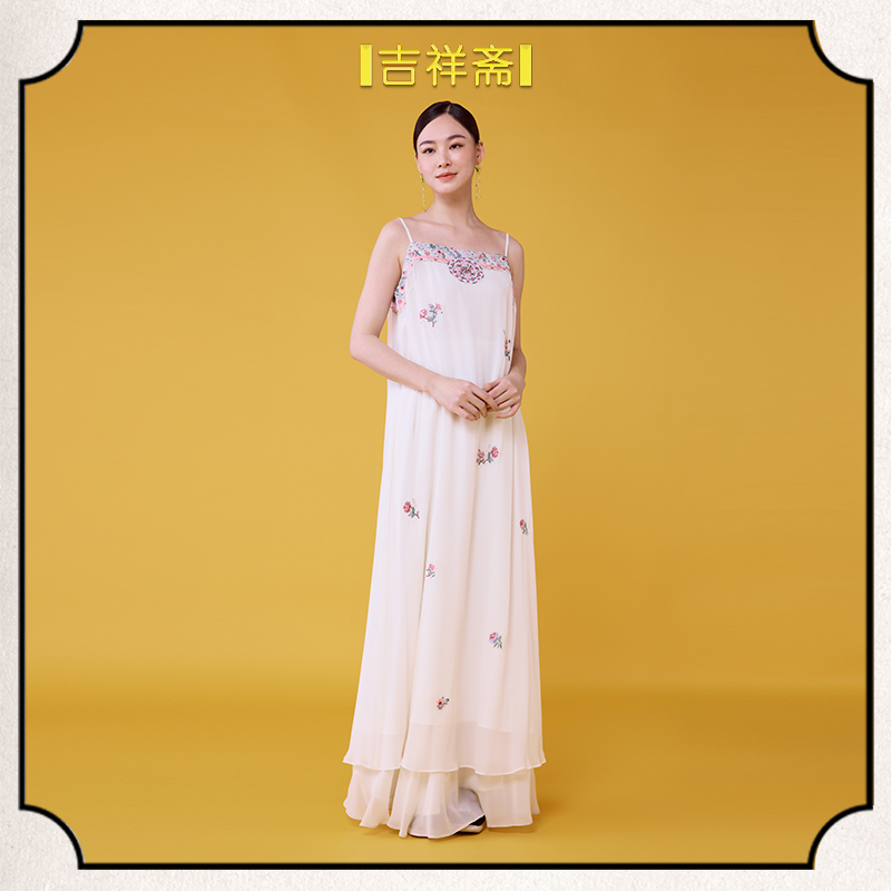 吉祥斋昕莹坊吊带裙桑蚕丝团花刺绣中式吊带裙251205007