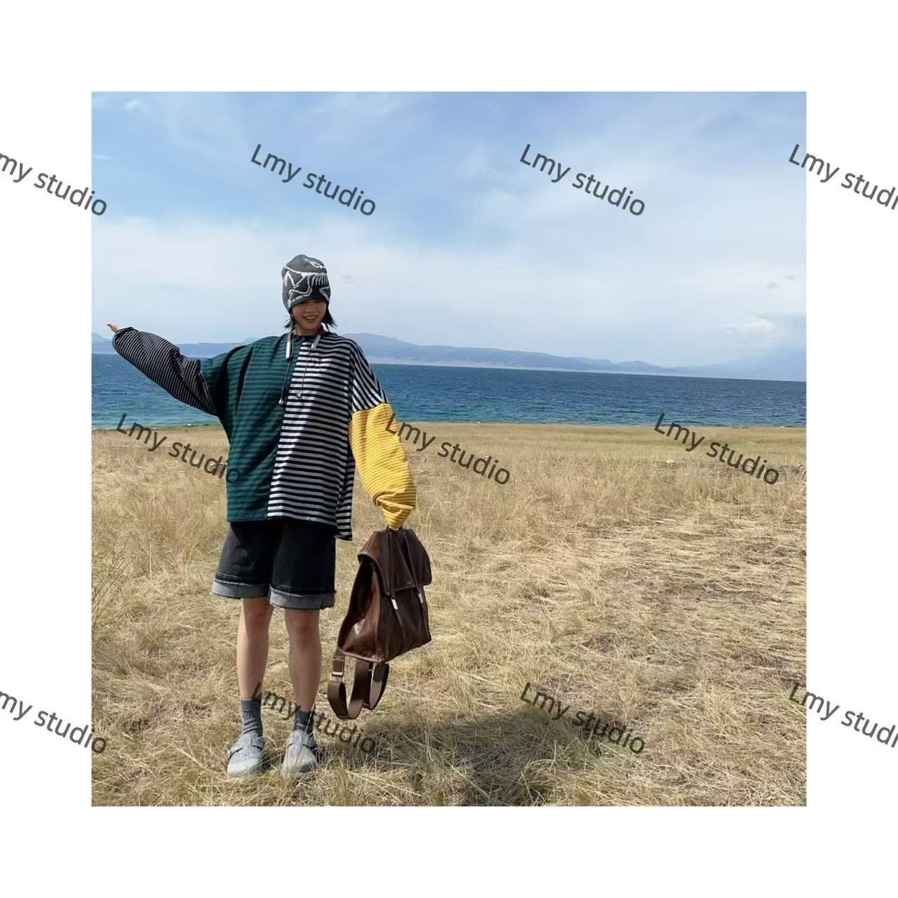 秋天的彩虹撞色休闲很大一件长袖上衣