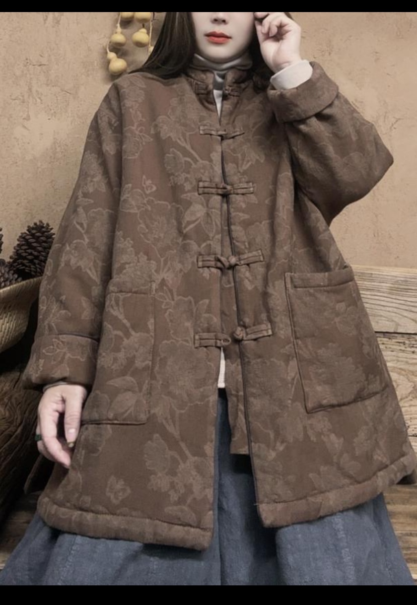 新中式冬季新款亚麻提花加厚保暖复古盘扣中国风棉衣宽松女外套