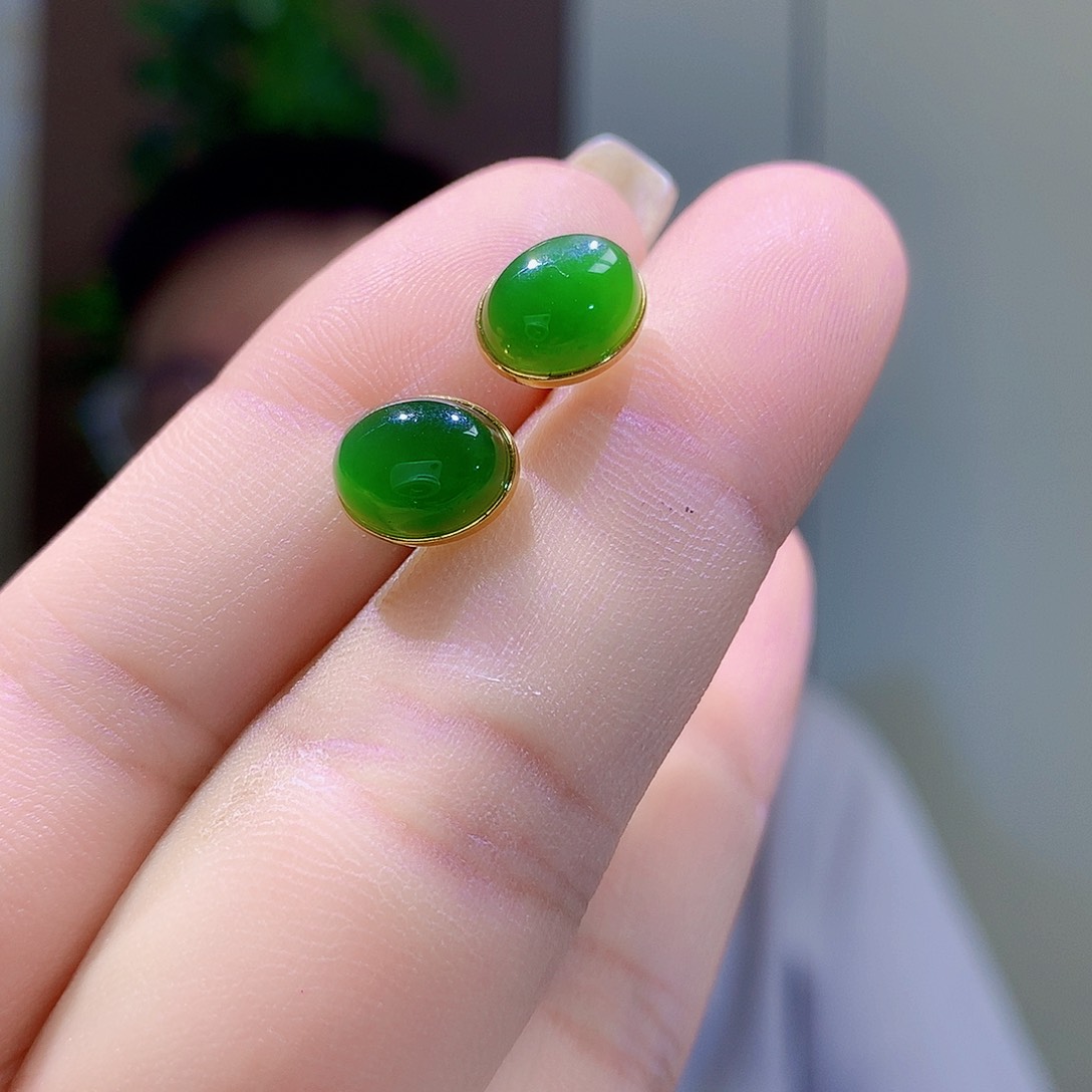 和田玉（碧玉）银S925镀金镶嵌耳饰