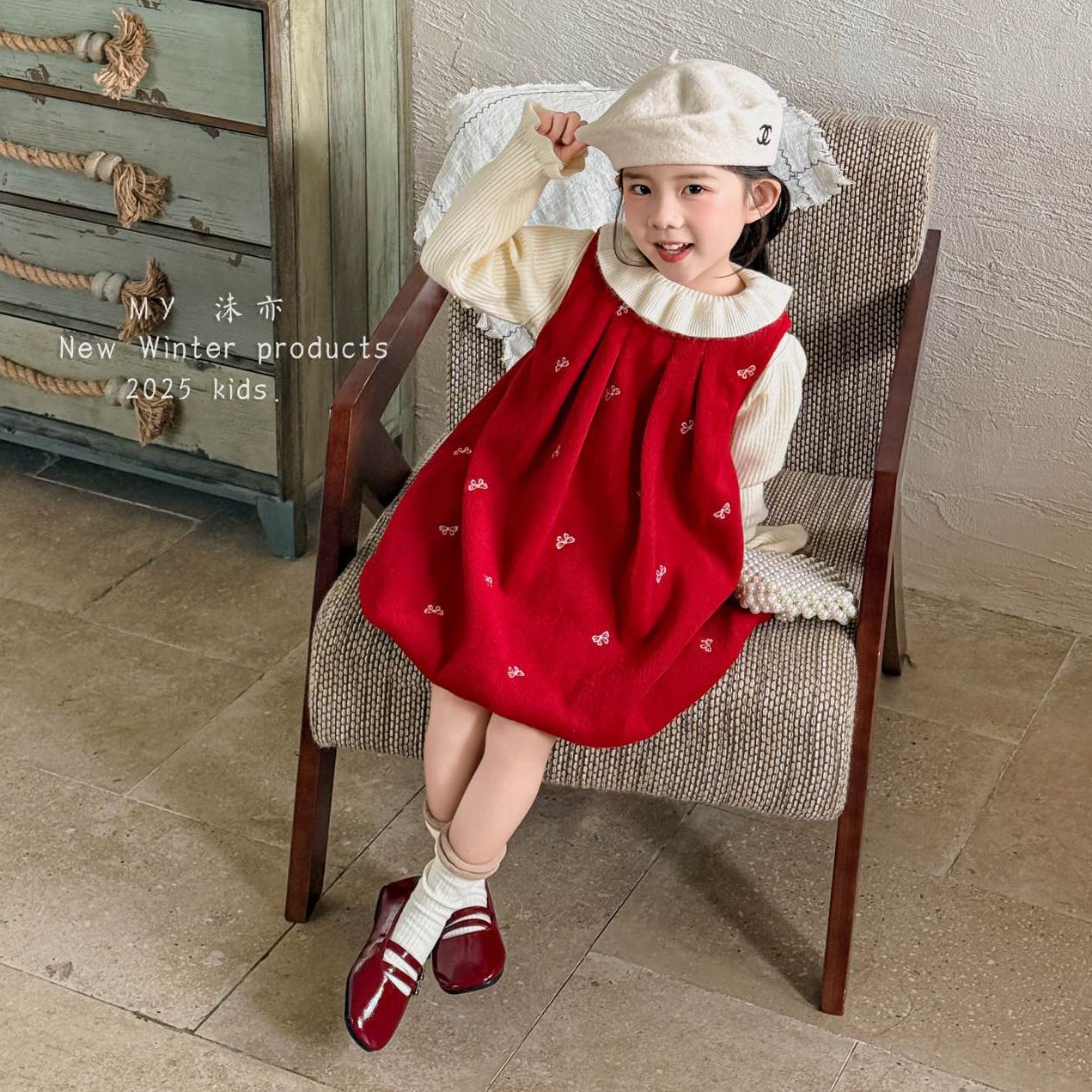 秋冬女童甜美风女宝红色女背心裙连衣裙两件套秋冬年服儿童洋气