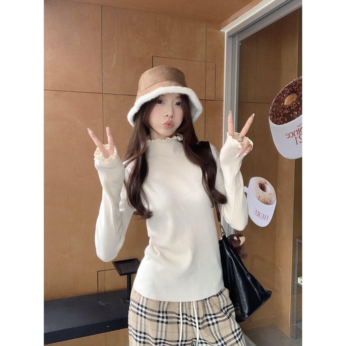 秋冬韩版半高领木耳花边拼接打底针织衫安迪绒长袖百搭毛衣女上衣