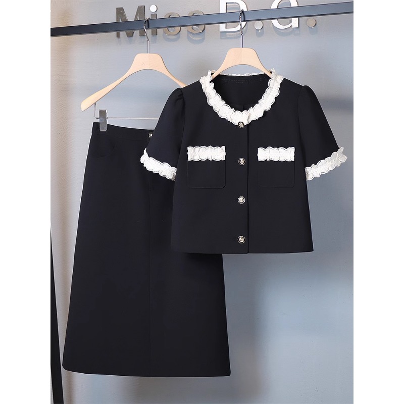 0781设计感花边圆领短袖小黑裙套装2025夏拼色气质名媛套装裙