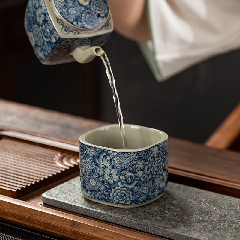 青花四方茶杯陶瓷功夫茶具个人杯开片可养大号主人杯单杯送礼