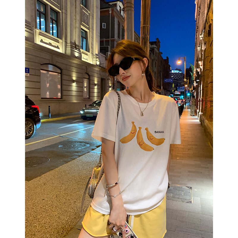 清仓 水洗印花圆领短袖T恤女夏季宽松显瘦薄款白色休闲体恤上衣