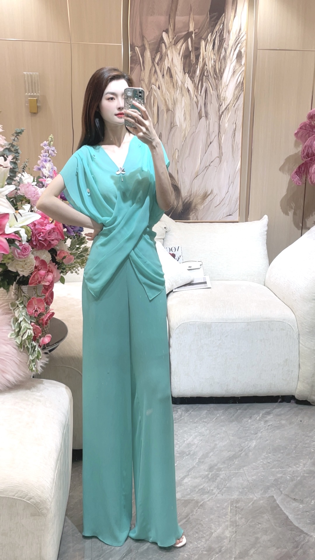 【yaya专属】新款夏季时尚气质网红短袖蓝色简约亮片上衣半裙套装