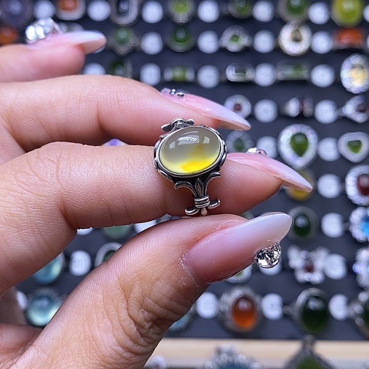 岫玉戒指银S925镶嵌6*戒指