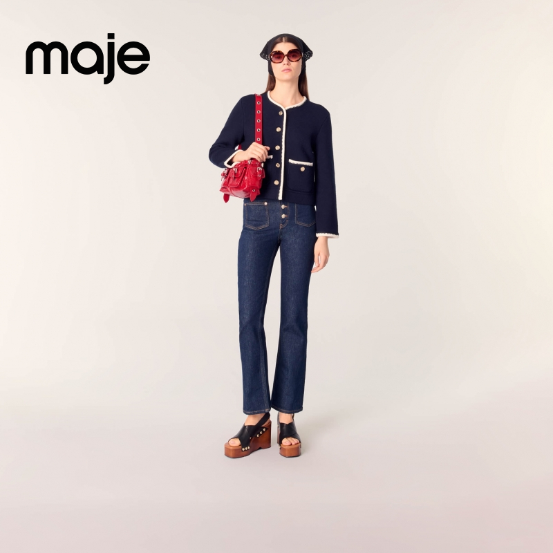 Maje2025秋冬新款女装时尚深蓝色短款圆领针织开衫上衣MFPCA00587