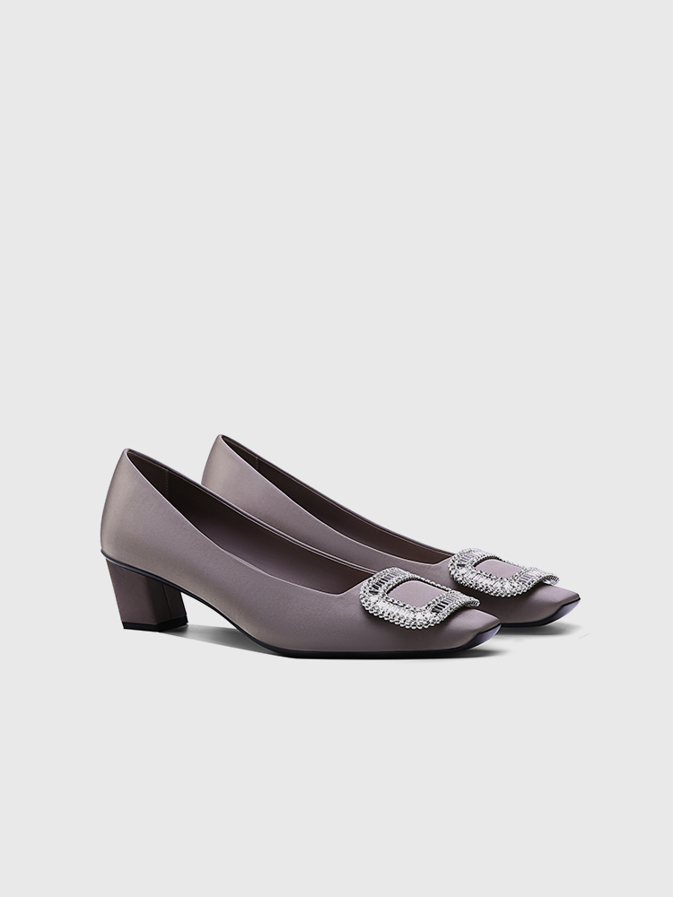 高跟鞋女粗跟2025春秋新款时尚百搭舒适浅口水钻方头单鞋女