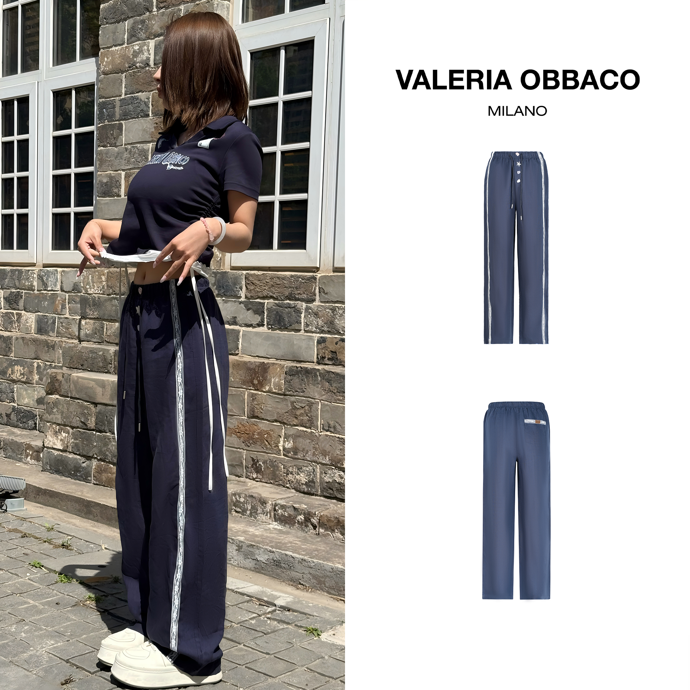 VALERIAOBBACO/瓦莱丽娅 奥贝科藏青色亚麻蕾丝休闲裤时尚百搭款