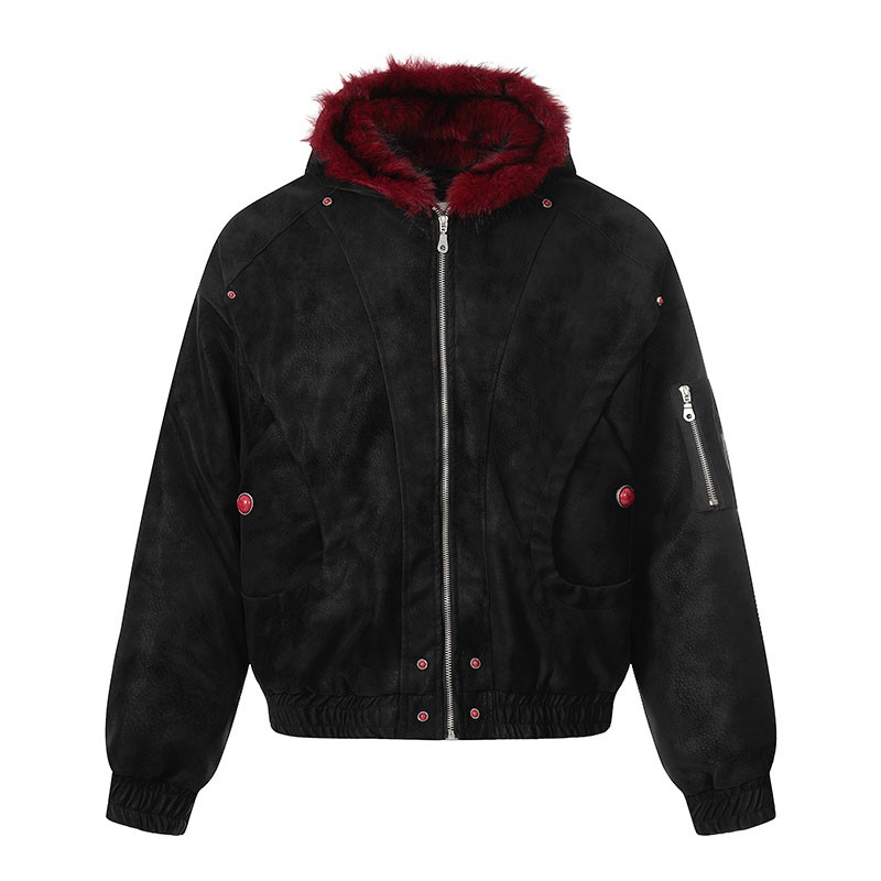 红毛麂皮绒座山雕暗黑短款宽松加厚毛领连帽棉服外套男款秋冬款潮