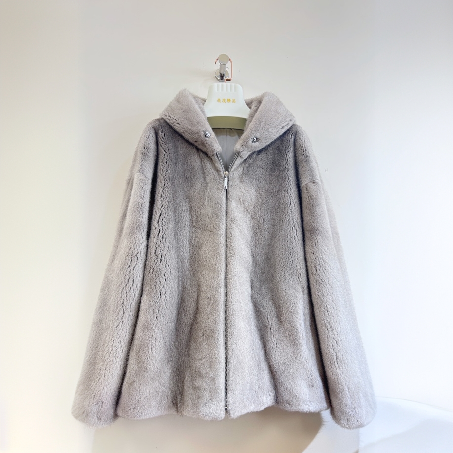 男款银蓝拉链帽2024进口水貂皮草短二天鹅绒整貂网红直播间福利