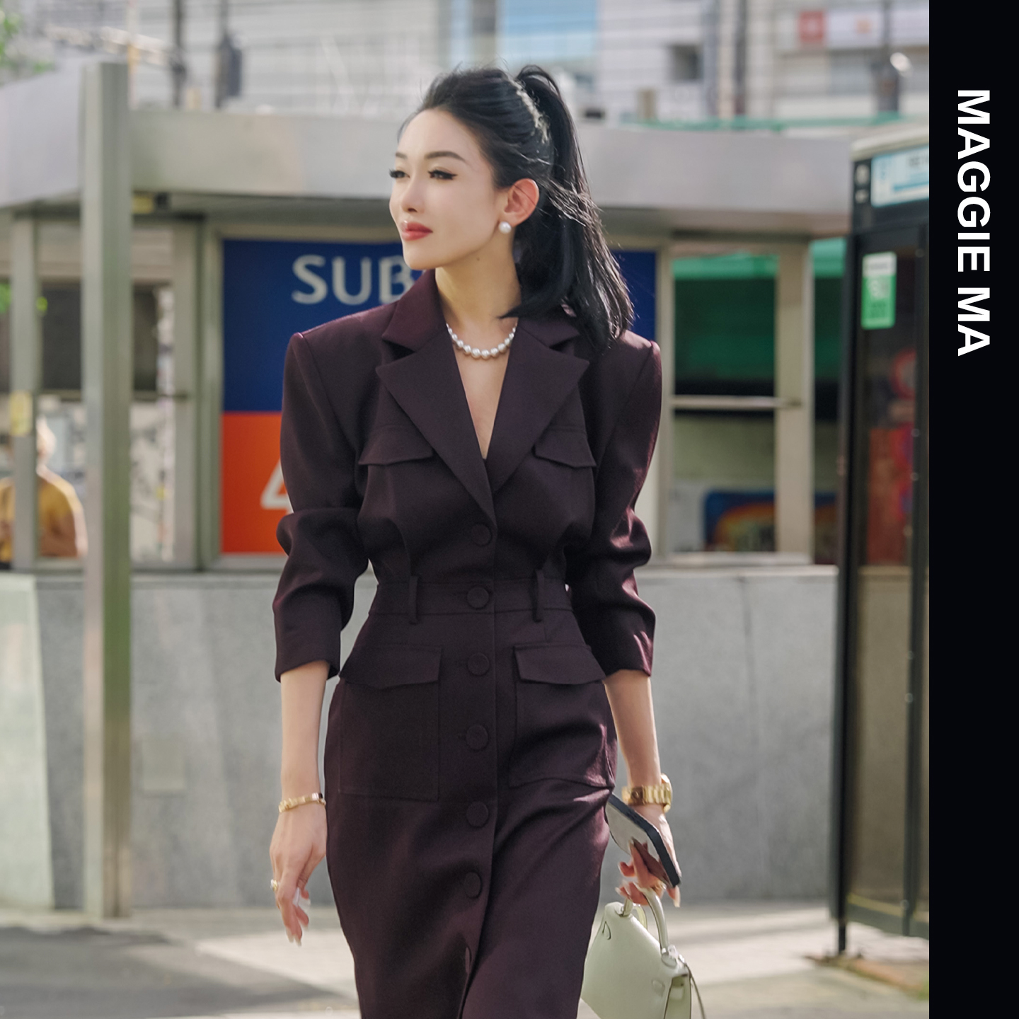 MAGGIE MA马婧设计师款红棕色典雅贵气收腰显瘦连衣裙405D