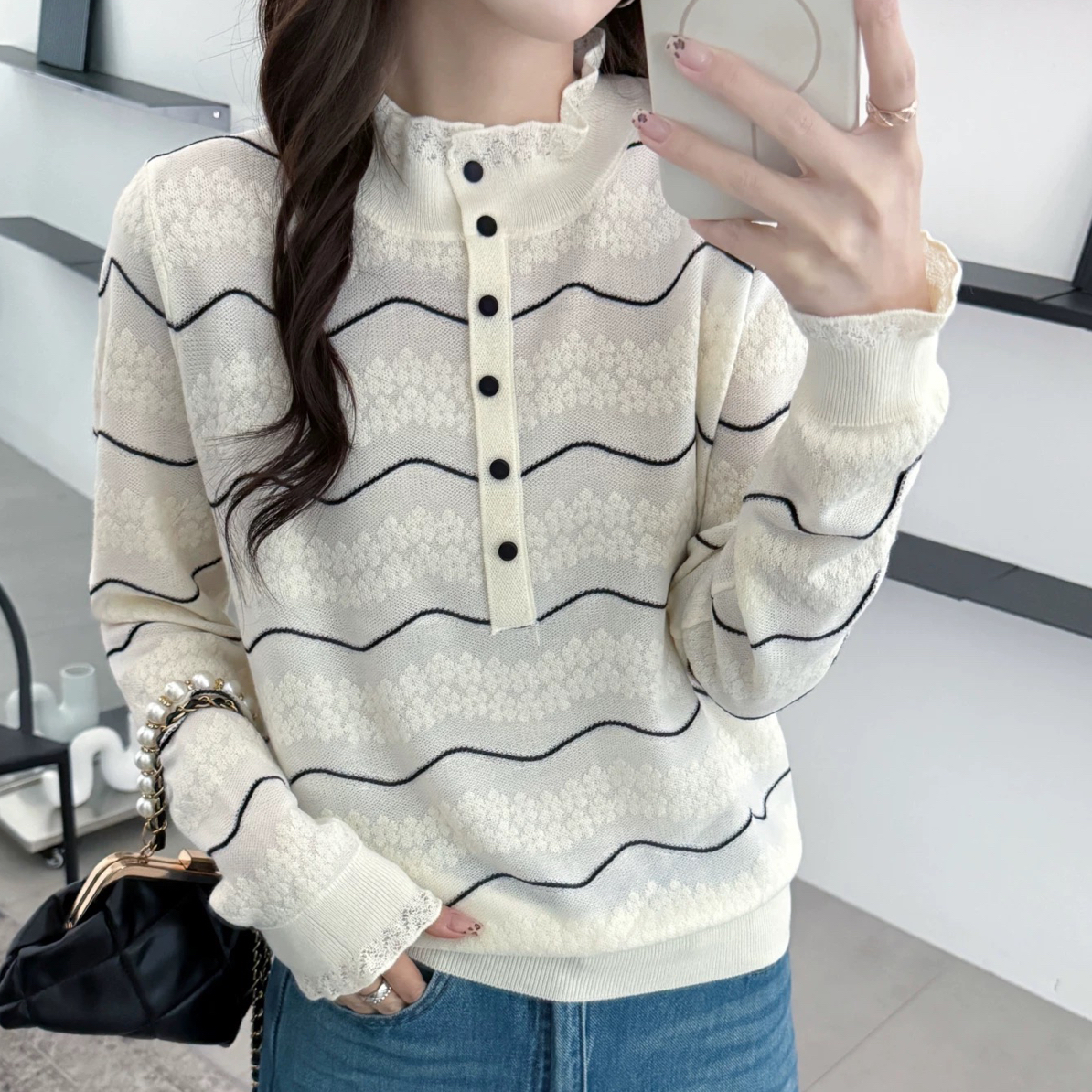 乐缘冬季蕾丝加厚半立领针织女款爆款外穿针织衫