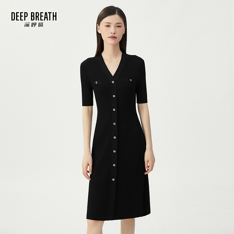 DEEP BREATH深呼吸女装新款V领半袖修身针织伞裙连衣裙A500211