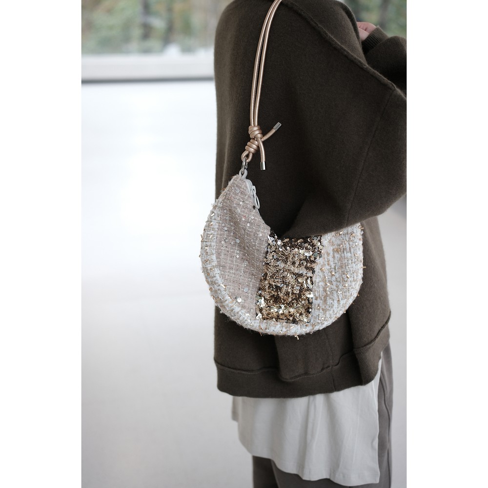 小众时髦棕金亮片牛仔百搭女生通勤单肩拉链月牙斜挎包生日礼物