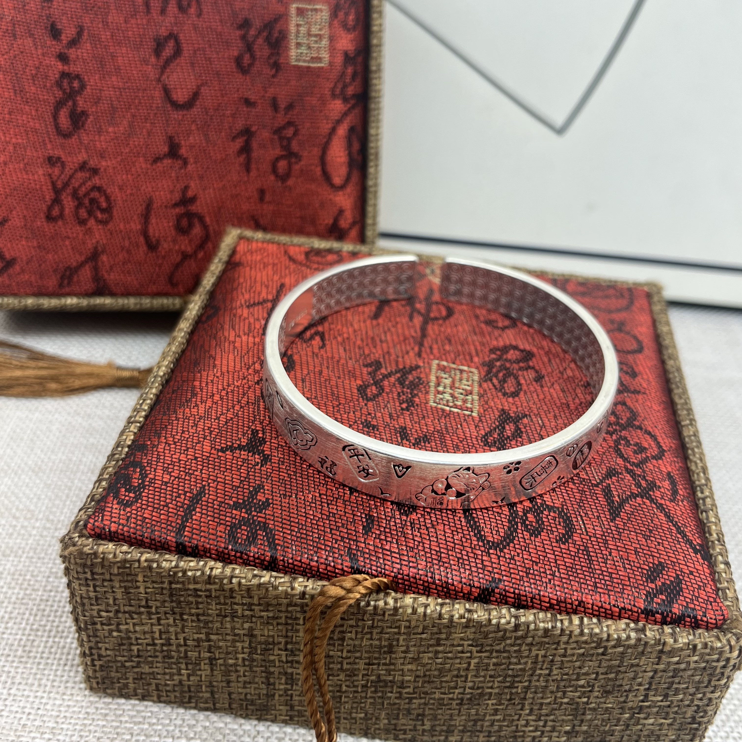 足银手镯 999.9【S022】 38g开口描黑吉言手工时尚百搭经典实心