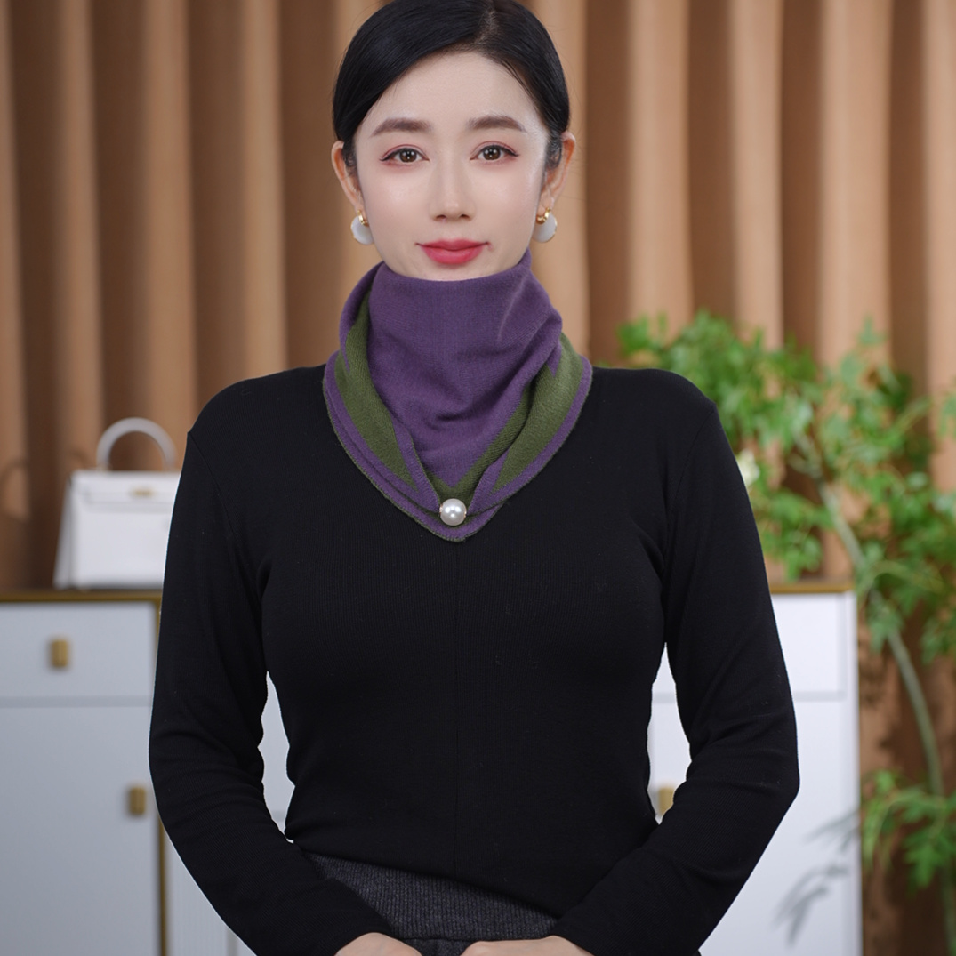 韩版秋冬针织磁扣拼色三角巾女士时尚围巾