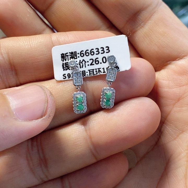 银S925镶嵌翡翠耳饰天然缅甸翡翠A货耳钉