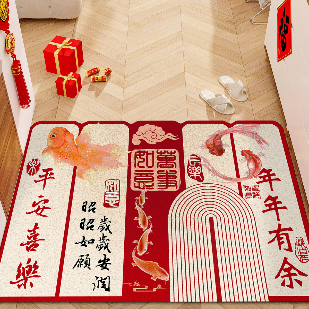 入户门地垫红色喜庆丝圈脚垫大门口防滑耐脏蹭土垫子可裁剪地毯