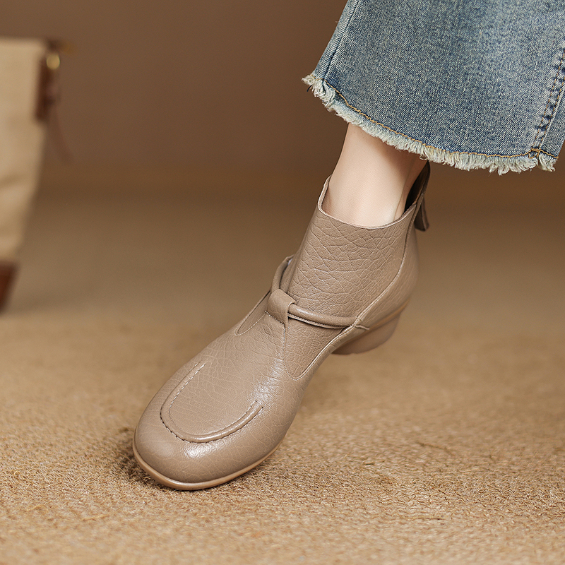 3.5CM-头层羊皮极简风马丁靴圆头粗跟中跟短靴英伦英伦风圆头短靴