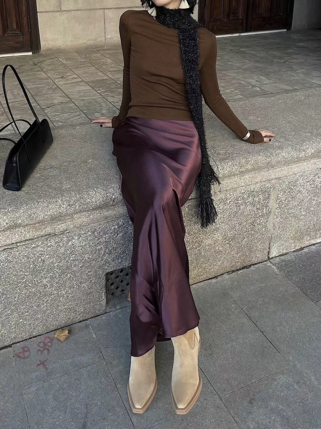 【Mei】进口醋酸缎面斜裁鱼尾半身裙百搭简约