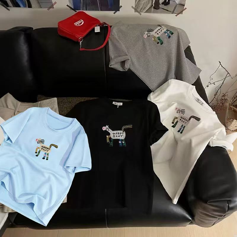 【莱赛尔天丝】重工刺绣卡通小马短袖新款洋气宽松圆领百搭上衣T226