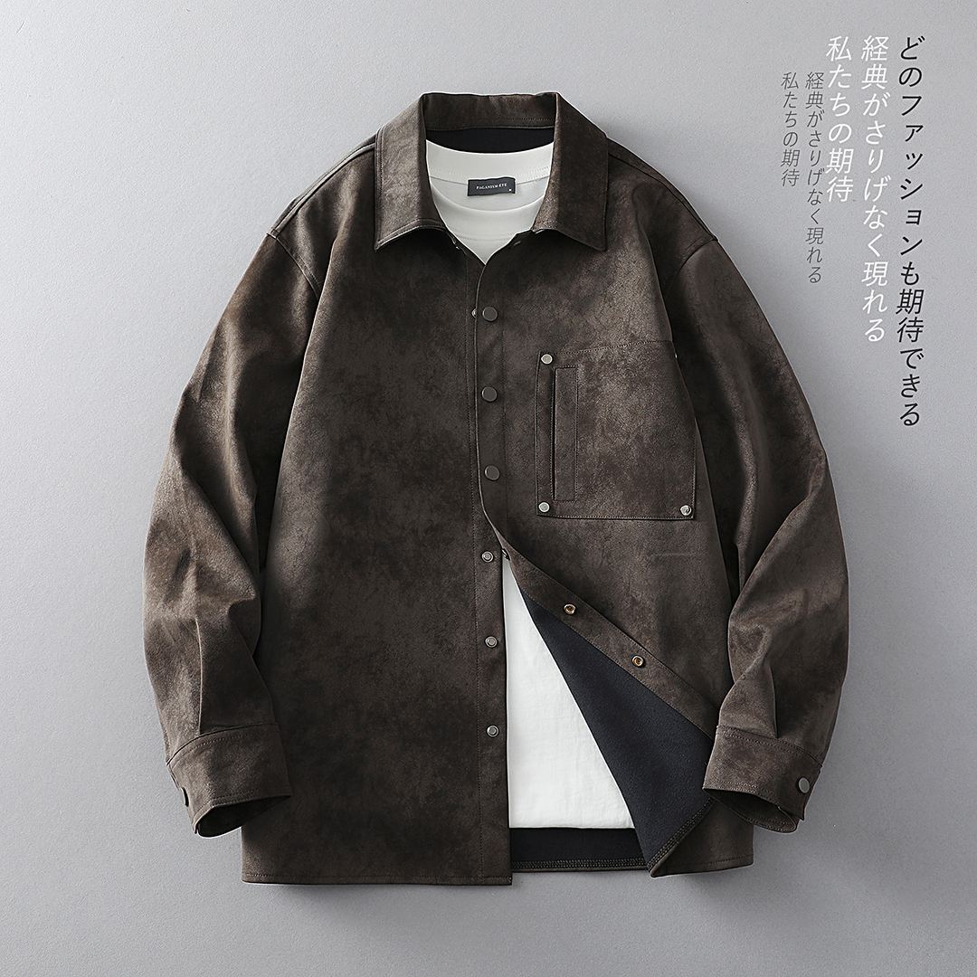 高级感宽松皮衬衫男透气休闲百搭潮流长袖时尚皮衣外套夹克春秋季