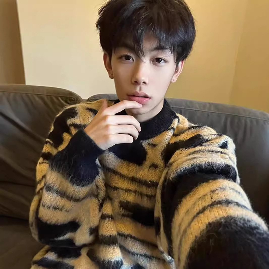 姜黄色撞色条纹毛衣男设计感慵懒风毛内搭打底针织衫情侣外套