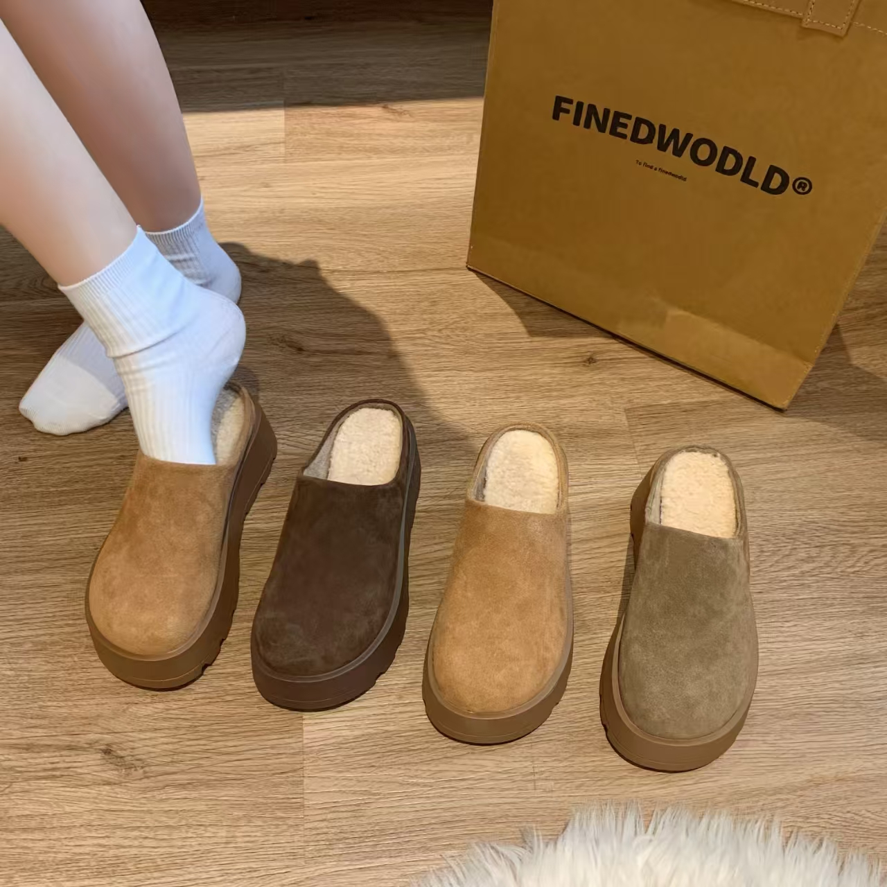 M6106日常包头松糕底包头拖秋冬毛毛鞋棉拖鞋面包鞋舒适软底毛拖