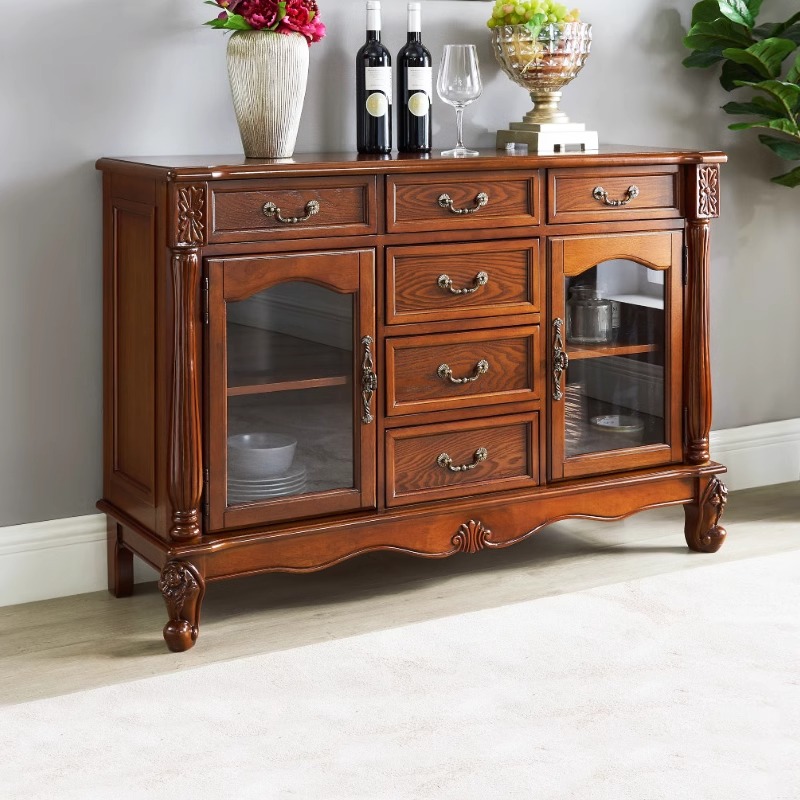 靠墙美式实木餐边柜收纳柜餐厅碗柜储物柜餐边柜靠墙一体柜