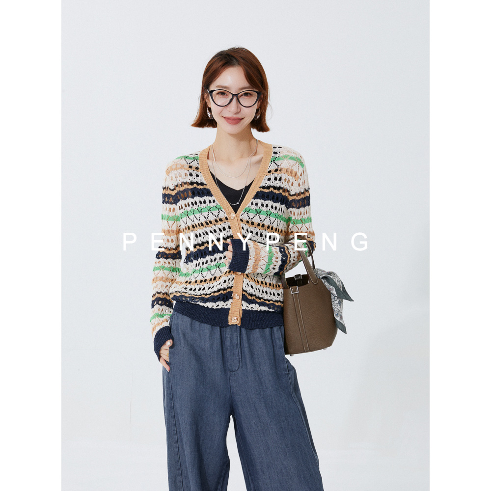 PENNYPENG梵高向日葵气质时尚复古慵懒风早春宽松条纹撞色针织衫