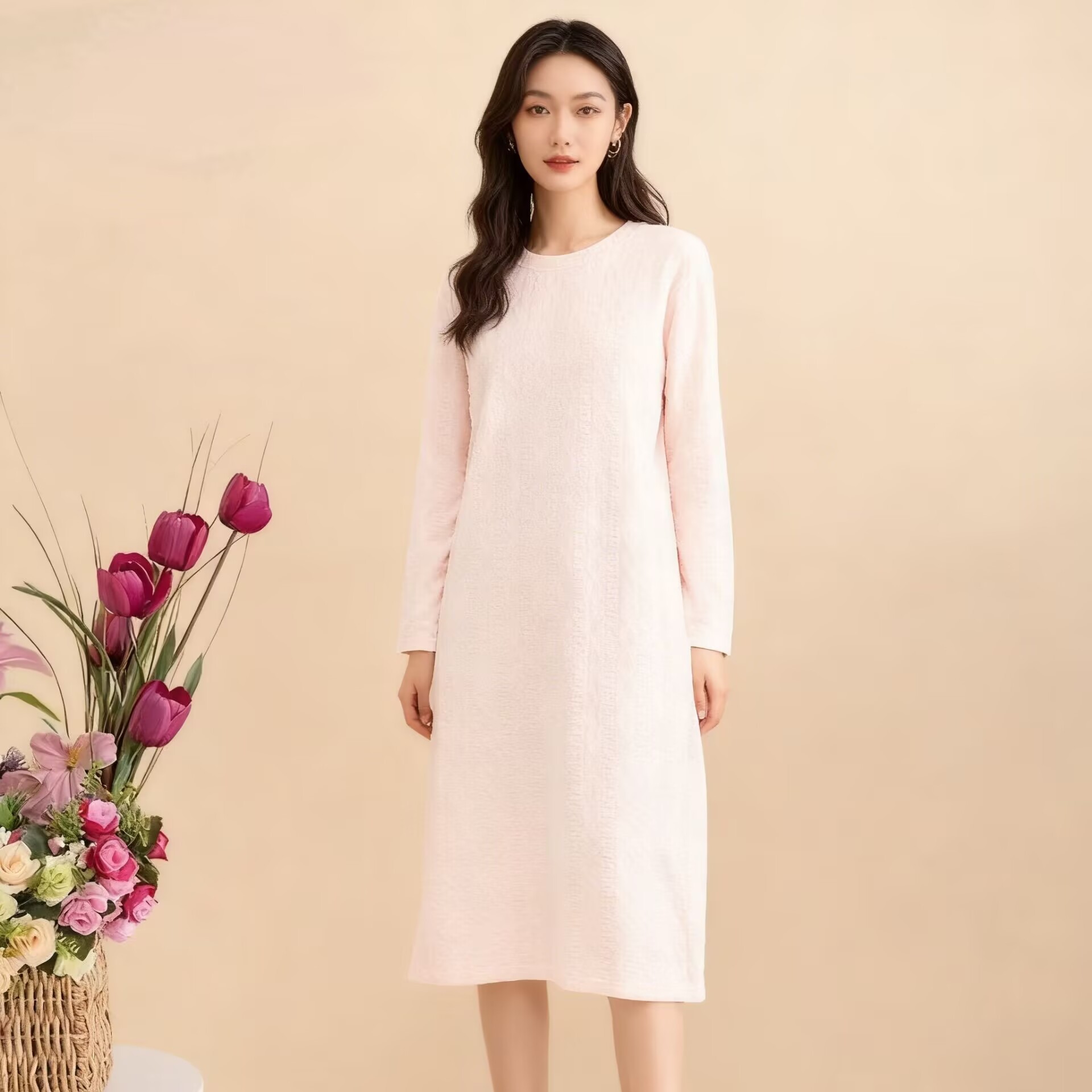 小胖【双面海岛绒】睡裙暗纹提花工艺家居服秋冬宽松睡衣长袖连衣裙