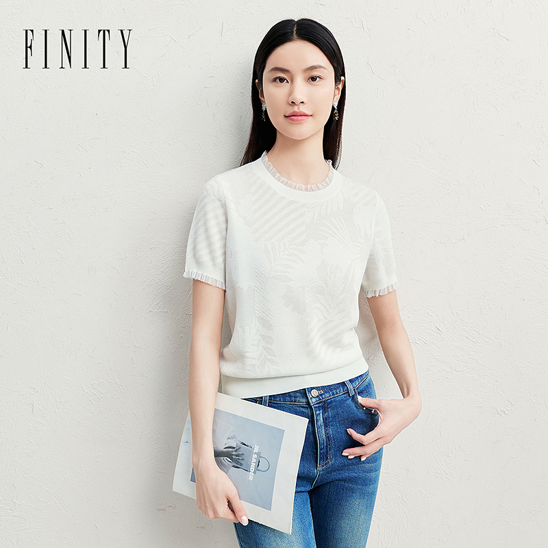 FINITY夏季新品蕾丝针织衫白色时尚百搭春夏羊绒纯色圆领套头