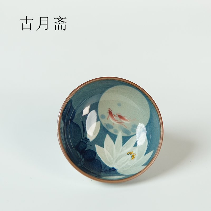 古月斋景德镇柴窑手工绘画主人杯釉下幻彩夜景白莲花普洱杯品茗杯