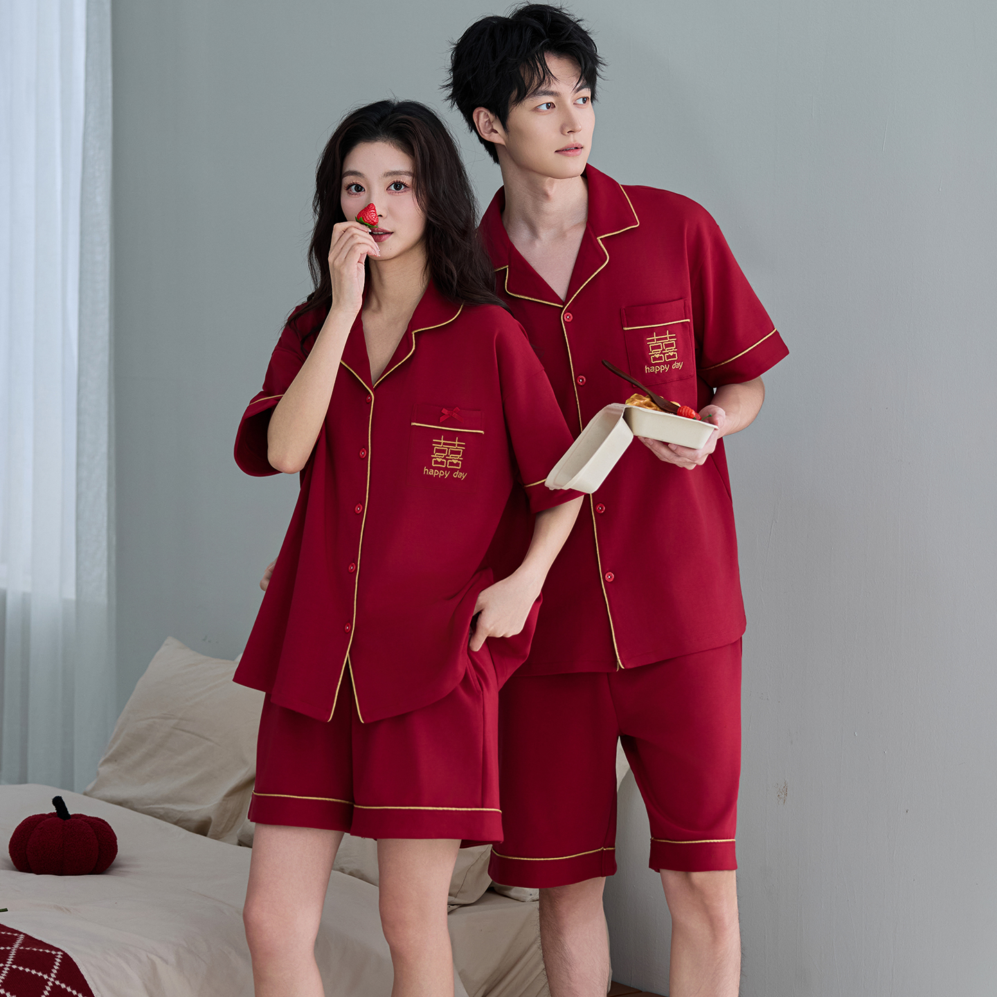 【单套装】夏季情侣睡衣红色短袖纯棉开衫刺绣双喜新婚本命年家居服