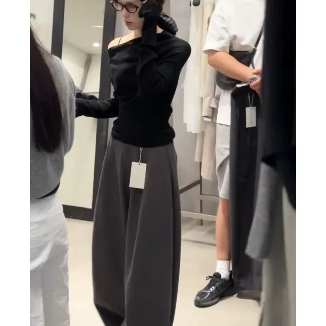 早秋韩系穿搭露肩长袖上衣配宽松阔腿休闲裤套装女装