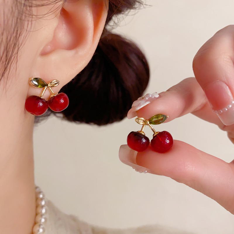 铜合金锆石耳饰 红樱桃耳钉 轻奢时尚高级感精致气质耳环女