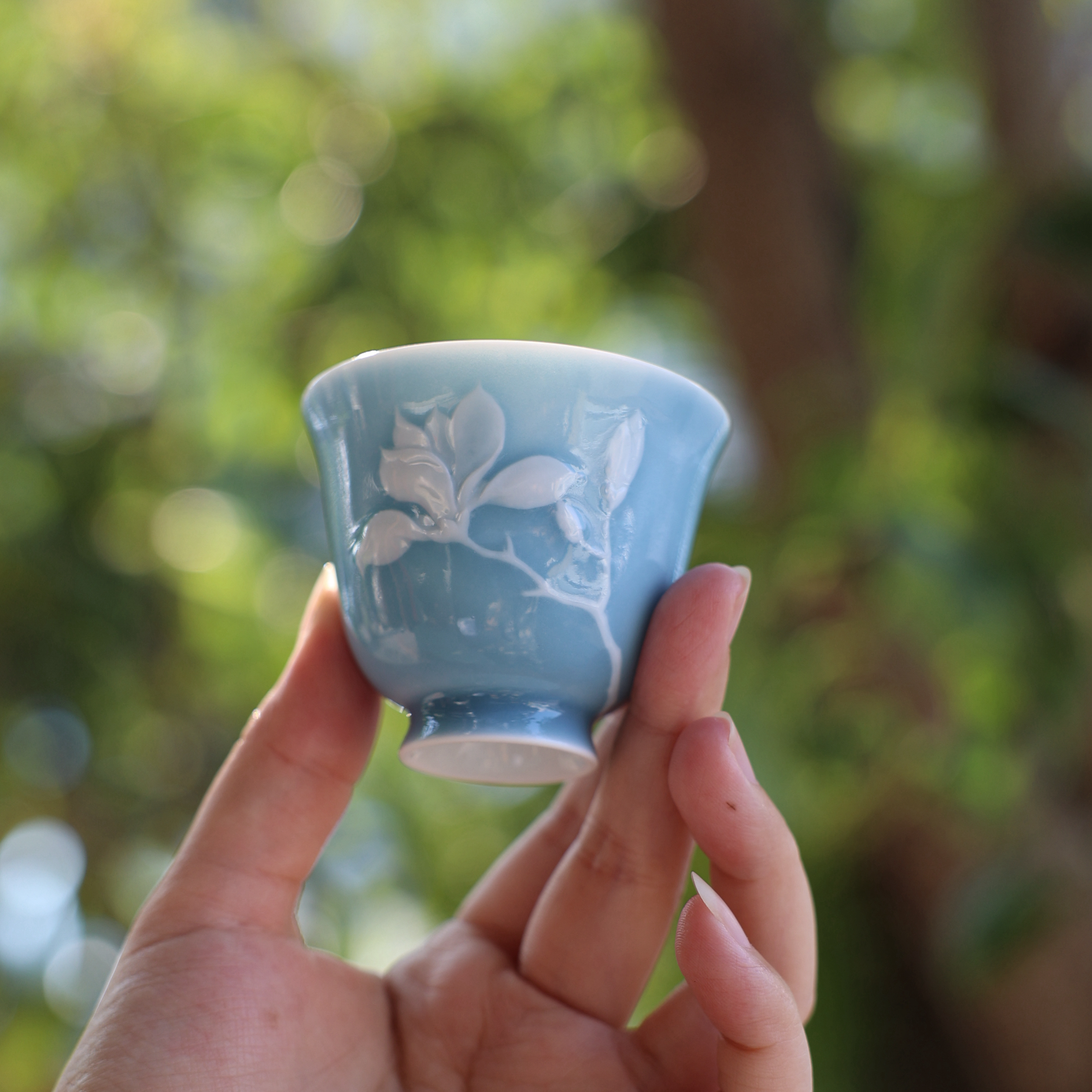 初蓝舍天青堆雕玉兰杯初蓝舍天青 玉兰杯闻香杯岩茶杯喝茶主人杯