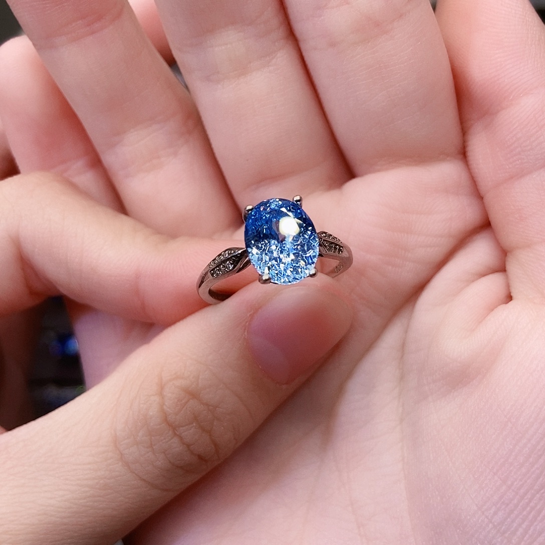 戒圈海蓝宝石银S925镶嵌