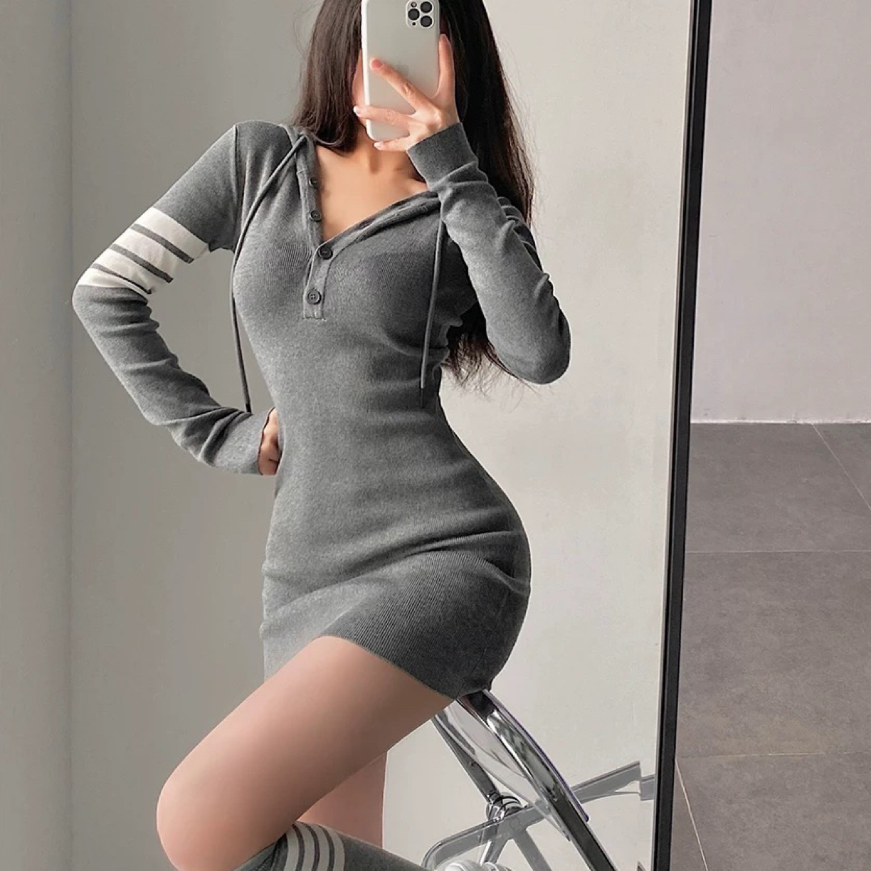 连帽条杠 连衣裙
