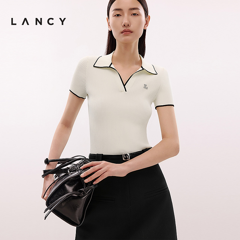 LANCY/朗姿2025夏新款高级修身polo领短袖针织衫简约百搭上衣女